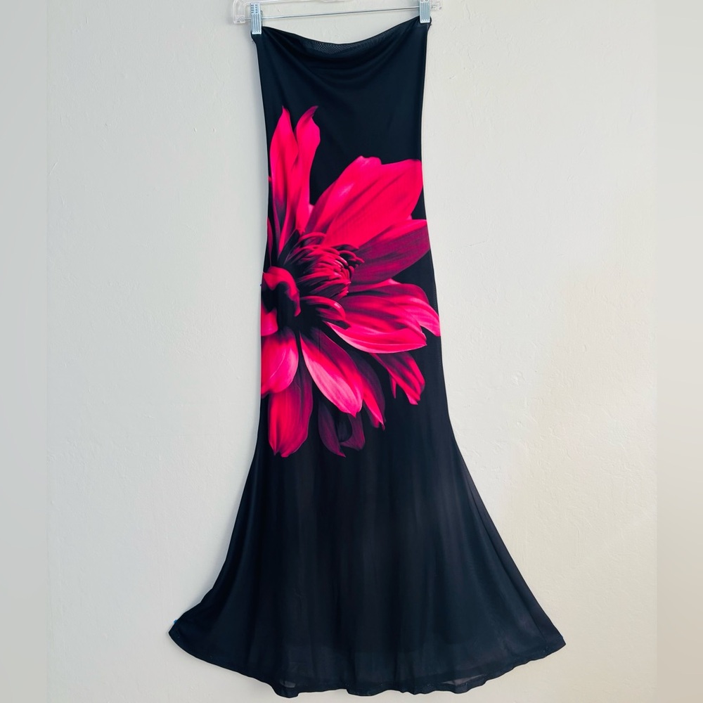 Floral black strapless A-line drawstring maxi dress S